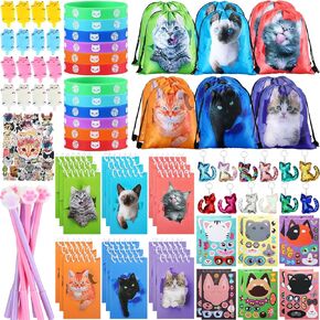 Jerify 91 Pcs Cat Birthday Party Favors Decoration Cat Party favor bags Fillers Drawstring Backpack Bracelets Squeeze Kids Toys Party Supplies for Gift Reward Prizes(Novelty Style)