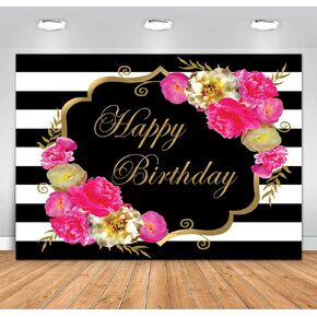 Sensfun 7x5ft Floral Happy Birthday Backdrop for Women Black White Stripes Watercolor Flowers Birthday Photography Background Fabulous 40th 50th 60th Birthday Party Decoration Backdrops