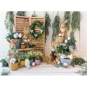 Allenjoy 8x6ft Spring Easter Backdrop Hare Rabbits Colorful Eggs Rustic Wood Floor Photography Background for Kids Children Newborn Baby Shower Birthday Party Decor Banner Portrait Photo Booth Props
