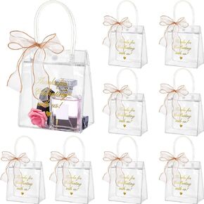 Henoyso 50 Pcs Clear Gift Bags with Handle PVC Plastic Thank You Gift Bags with Bow Ribbon Transparent Reusable Wedding Wrap Tote Bag for Wedding Party Favor Shopping Birthday(10 x 10 x 3.5 Inch)