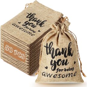 50 Pcs Thank You Burlap Gift Bags 5 x 7'' Small Jute Bags with Drawstring DIY Burlap Treat Bags Linen Jewelry Pouch for Thanksgiving Wedding Christmas Employee Appreciation (Thank You)