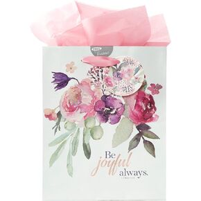 Christian Art Gifts Gift Bag/Tissue Paper Set Be Joyful Always 1 Thessalonians 5:16 Bible Verse, Pink Rose Floral, Medium