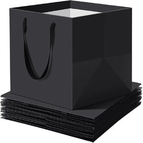 Tenceur 50 Pack Black Gift Bags with Handles 10 x 10 x 10 Inches Square Reusable Gift Paper Bag Wrap Black Shopping Containers for Present Wedding Birthday DIY Presents Doll Party Favor