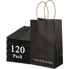 120 Pack Black Small Kraft Bags with Handles, 5.25x3.25x8.25Inch Small Black Craft Bags, Kraft Paper Grocery Retail Goodie Bags Takeouts Business Birthday Party Favors