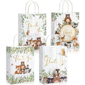 AnyDesign 24 Pack Woodland Thank You Gift Paper Bags with Handles Bulk 4 Design Woodland Baby Shower Party Favor Bags for Birthday Wedding Baby Shower Party Supplies Decoration, 5.9 x 8.3 x 3.1 Inch