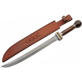 SZCO Supplies 21.75" Wood Handle Fancy File Work Damascus Steel Short Sword with Sheath, Brown