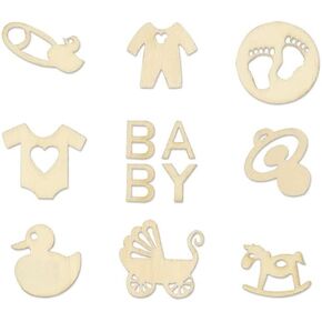 Mini Laser Cuts Wood Shape - Baby - Pram, Rocking Horse, Pacifier, and More - 45 Pieces - 1'' Across