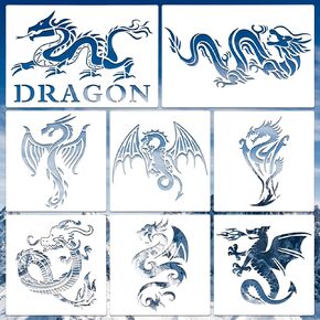 8 Pcs Dragon Stencils Airbrush Stencils Tattoo Stencil Paint Stencils Reusable Plastic Dragon Stencil for Painting on Wood Furniture Wall DIY Crafts Drawing Decoration