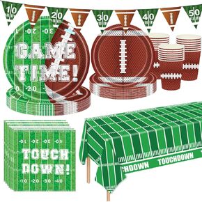 Football party Decorations Supplies for 16 people, including football themed plates, napkins, cups, banners and touch table cloth for Super Bowl Party favors