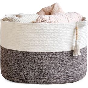 Mkono Large Woven Basket Decorative Blanket Basket Cotton Rope Storage Basket for Blankets Toys Playroom Living Room Bedroom Kids Room Decor Toy Organizer with Handle, 21.7 x 13.8 in