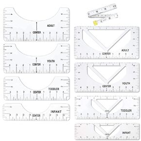 9Pcs T-Shirt Ruler Guide for Vinyl Alignment, Tshirt-Ruler for Heat Press, Tshirt-Rulers to Center Vinyl, V-Neck/Round PVC Sewing Rulers for Children/Youth/Adult