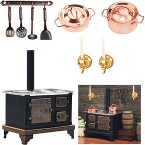 1/12 Miniature Furniture Cooking Stove Mini Retro Metal Stove with Miniature Wall Candle Holder Mini Pots Mini Spoon Shovel Cookware Tools for 1:12 Scale Kitchen Decoration