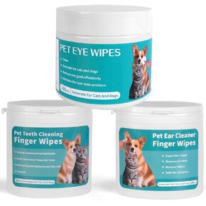 Teeth Cleaning Wipes Eyes Wipes Ear Finger Wipes for Dogs & Cats (3 Pack 200 Wipes) Pet Grooming Wipes Set for  Removing Plaque and Tartar & Ear Wax & eye secretions,Dog Wipes for Deodorizing