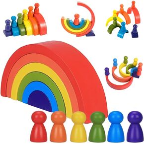 DHinkyoung 12 Pcs Wooden Rainbow Stacking Toys, Toddler Montessori Arch Bridge Stacker Game, Building Blocks Puzzle Stackers for Kids Baby Toddlers 1 2 3 4 5 Years Old