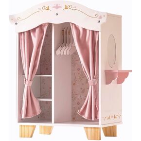 ROBUD Wooden Play Armoire Closet for Dolls, Doll Closet Furniture Wardrobe with 5 Hangers, Mirror, Velvet Curtains, Fit for 16-20in American Girl Doll Clothes, Gift for Boys & Girls, 3+ in Kuwait