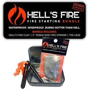 Hell's Fire - حزمة أدوات النجاة من Fire Starter | تشتمل المجموعة على طين هيلز فاير وقضيب حديدي مقاس 3 بوصات في علبة تخزين معدنية in Kuwait