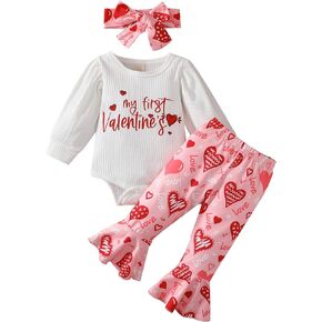My First Valentine's Day Newborn Baby Girl Outfits Letter Romper Love Heart Print Bell-Bottom Flare Pants Headband