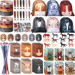 152 Pcs Horse Themed Party Favor Supplies with Drawstring Bag Keychain Rubber Wristbands Badges Puzzle Stickers Horse Stickers Notepads Soft Pencils Simulated Horses for Horse Party Decoration