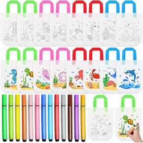 Kajaia 24 Pcs Coloring Goodie Bags with Coloring Markers Non Woven Coloring Totes Coloring Bags Reusable Party Favor Bags for Kids Birthday Party Favor DIY Crafts Party Supplies, Ocean Animal