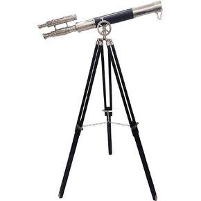 Royal Vintage Black Leather Telescope Antique Brass Double Barrel Designer Telescope Black Tripod Floor Standing Telescopic