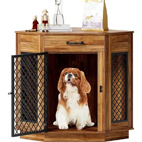 أثاث قفص زاوية للكلاب من sogesfurniture مع درج تخزين، طاولة نهاية بيت الكلب الخشبي للكلاب الصغيرة، بيت الكلب الداخلي مع باب شبكي معدني لغرفة المعيشة وغرفة النوم والمدخل، عتيق in Kuwait