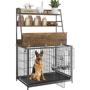GAOMON Wooden Dog Crate Furniture with Storage Shelves,Dog Kennel Indoor with Removable Tray,Double Doors Modern Dog Crate, Dog House with Two Adjustable Stainless Steel Bowls,End Table Dog Crate