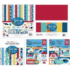 New Hampshire Craftworks Echo Park Sea Life - حزمة مصمم لهواة التجميع مع مجموعة مجموعة مقاس 12 × 12، وحزمة ورق صلبة منسقة مقاس 12 × 12، ووسادة ورق مقاس 6 × 6، والمواد الزائلة، والإطارات والعلامات in Kuwait