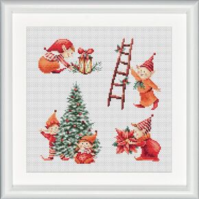 Counted Cross Stitch Kit - DSB018A - Christmas Elves 2- Aida - 9,8 x 9,8 Inch - DIY for Adults