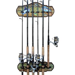 Rush Creek Creations Guy Harvey 6-Rod Wall or Ceiling Fishing Rod Storage Rack, Wall-Mount Fishing Rod Rack with 6 Rod Holders, Shark Bite Durable Finish