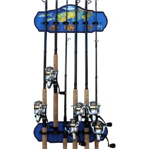 Rush Creek Creations Guy Harvey 6-Rod Wall or Ceiling Fishing Rod Storage Rack, Wall-Mount Fishing Rod Rack with 6 Rod Holders, Shark Bite Durable Finish