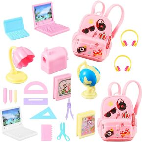 Zhanmai 21 Pieces Doll School Stuff Mini School Supplies Doll School Accessories School Playset for Dolls Mini Pink Doll Backpack Desk Lamp Laptop and Headset for 11.5 Inch Doll