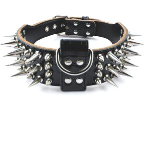 PET ARTIST 2" Wide Luxury Sharp Spiked Dog Collar, Durable Anti-Biting Leather Dog Collar for Large Dogs, Black, XL, Neck for 21-24"