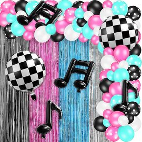 Jecery 122 Pcs 50's Music Theme Birthday Party Decorations Karaoke Rose Red Blue Black Tinsel Curtains Music Note Balloons Karaoke 1950s Party Supplies Photo Backdrop