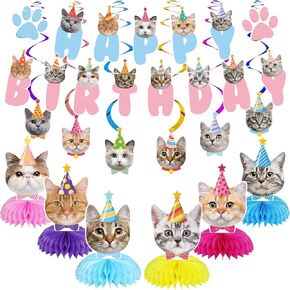 Cat Birthday Party Supplies Cat Birthday Party Decorations, Cat Themed Birthday Party Supplies Includes 1 Birthday Banner, 6 Cat Honeycomb Centerpieces, 6 Hanging Swirls with 6 Cat Cutouts Decorations (Colorful Cat Style)