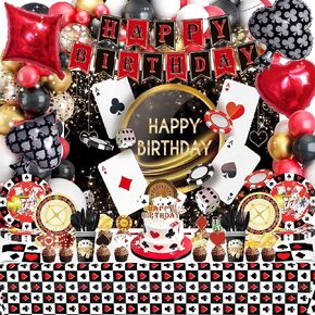 191 Pcs Casino Theme Party Decorations, Casino Birthday Party Supplies Include Banner, Poker Backdrop, Casino Balloons, Cake Topper, Tableware, Dessert Plate, Dinner Plate, Tablecover, Napkins, Cups