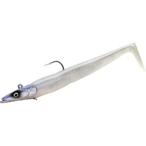 Savage Gear Sandeel Fishing Bait, 3 1/2 oz, Ghost Herring, Realistic Contours & Movement, Durable Construction, Two Tie Points, 5X Hooks, Holographic Eyes, Bait Keeper