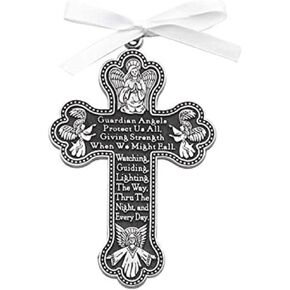 GUARDIAN ANGEL Crib Cross 3.5" PEWTER Medal with WHITE Ribbon BOY or GIRL - CHRISTENING - Baptism KEEPSAKE Newborn GIFT BOXED