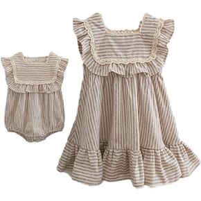 Toddler Girls Linen Summer Casual Dress Kids Vintage Ruffles Stripe Baby Rompers Dresses