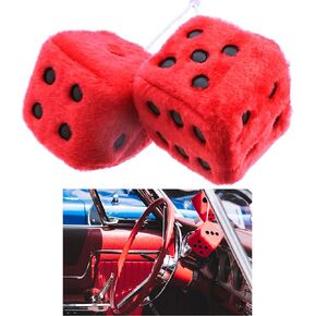 1 Pair Red Fuzzy Dice Vintage Car Plush Decor Hanging Rearview Mirror 2.25" Auto