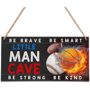 Little Man Cave Sign - 5"x 10" All-Star Sports Wooden Wall Art Decor - Baby Nursery Room Decor For Boys Kids Bedroom Playroom Room Door Signs - A06