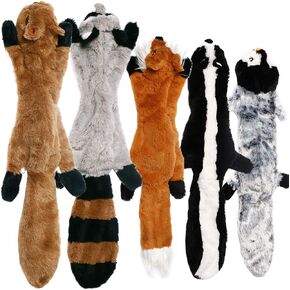 No Stuffing Dog Toys with Squeakers, Durable Stuffingless Plush Squeaky Dog Chew Toy Set,Crinkle Dog Toy for Medium and Large Dogs, 5 Pack（Squirrel Raccoon Fox Skunk and Penguin）, 24Inch