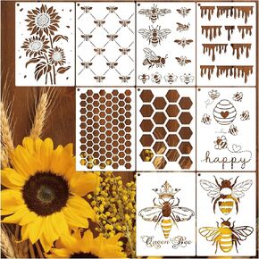 Bee Stencils for Painting on Wood Crafts Reusable A4 Honey Bee Honeycomb Stencil Art Paint on Wall Canvas Pattern Sunflower Paint Stencils for Card Making Fabric Shirt Furniture (9Bee)