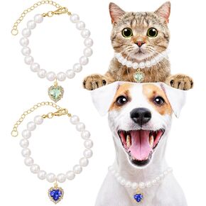 Cat Dog Pearl Necklace Collar 2pcs, Small Cat Collar Pear Dog Necklaces Cute Fancy Jewelry Accessories with Heart Shape Rhinestone White Pink Wedding Birthday Party for Puppy Pets Small Dogs