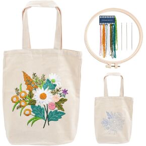 WADORN DIY Canvas Tote Bag Embroidery kit, Flower Pattern Handbag Embroidery Making Kit for Beginners Personalized Canvas Bag Cross Stitch Kits DIY Needlepoint Kits Include Color Threads, White