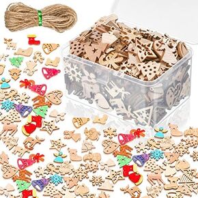 200 Pieces Christmas Unfinished Mini Wooden Ornaments Halloween Thanksgiving DIY Mini Wood Blank Cutouts with Storage Box and Twine for Christmas Tree Hanging Crafts Xmas Decorations