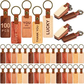 100 Packs Wooden Keychain Blanks Leather Strap Keychain Blanks Rectangle Blank Wooden Keychain Wood Tags Unfinished Keyring for DIY Crafts Dad Mum Engraving Gift (Multicolor)