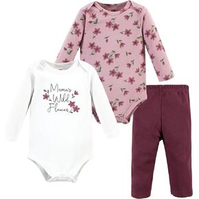 Hudson Baby Unisex Baby Cotton Bodysuit and Pant Set, Plum Wildflower Long Sleeve, Preemie