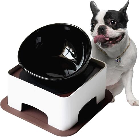 Ceramic Bulldog Bowl Dog Feeding Bowl - Dog Dish Wide Mouth Pet Sterile Tilted Pet Feeder with Anti-Skid Rubber Mat for Small Medium Dogs (Black) in Saudi Arabia