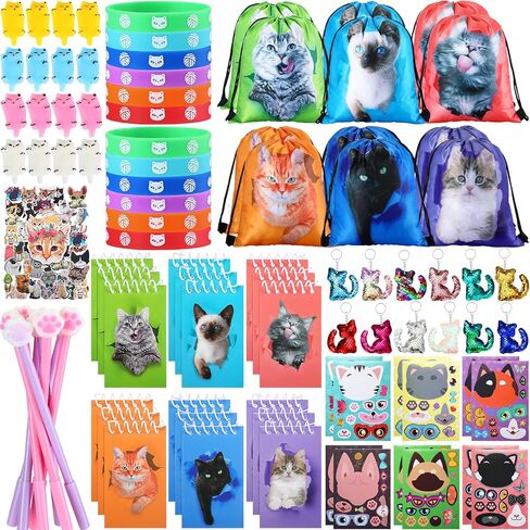 Jerify 91 Pcs Cat Birthday Party Favors Decoration Cat Party favor bags Fillers Drawstring Backpack Bracelets Squeeze Kids Toys Party Supplies for Gift Reward Prizes(Novelty Style) in Saudi Arabia