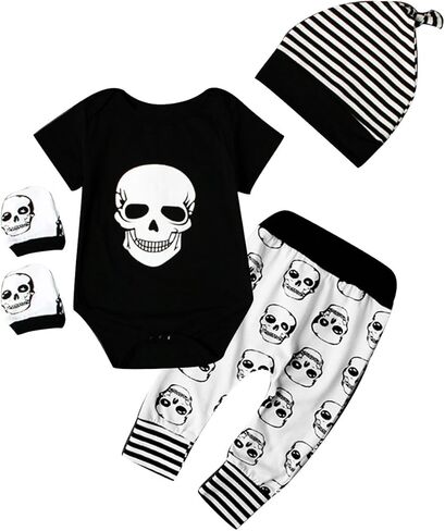 puseky 4pcs Newborn Baby Boys Clothes Skull Romper+Pants+Hat+Mitten Baby Boy Halloween Outfit Set in Saudi Arabia